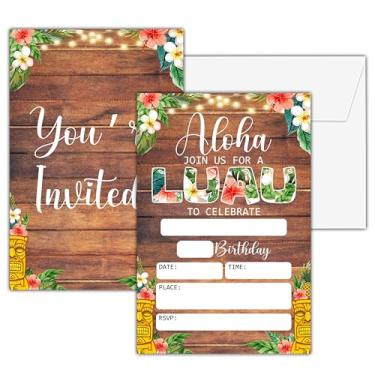 Imagem de Convites de aniversário havaiano Luau, 25 cartões de convite de festa tropical Aloha dupla face com 25 envelopes, convites de festa infantil suprimentos de decoração de celebração - A08