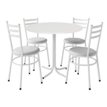 Imagem de Mesa de Jantar Redonda 80cm Branca Com 4 Cadeiras Estofada Branca - La