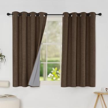 Imagem de PONY DANCE Cortinas de cozinha marrons sobre a pia 114 cm de comprimento, conjunto de 2 painéis, cortinas de linho 100% blackout para janela pequena, cortinas curtas com ilhós superiores com