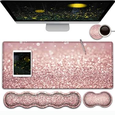 Imagem de Mouse pad rosa para jogos, tapete de mouse grande com borda costurada, base antiderrapante para mesa de escritório, conjunto ergonômico de descanso de pulso, almofada de escrita à prova d'água, padrão