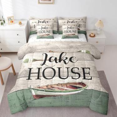 Imagem de Erosebridal Jogo de cama king size com estampa de lago para decoração de casa, Lake Life, 7 peças, conjunto de lençol de madeira com lâmina de barco retrô, casa de fazenda, decoração de lago