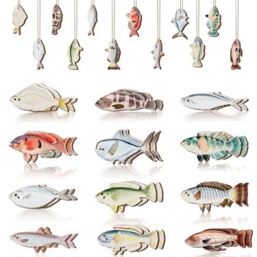 Imagem de CORNER LACE Decorações suspensas de madeira com tema de pesca – 24 peças de enfeites de peixe pescador aniversário chá de bebê árvore de Natal decoração de casa, pesca sob o mar, animais do oceano,
