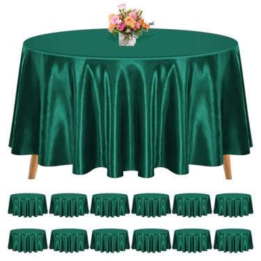 Imagem de Pacote com 12 toalhas de mesa redondas de 272 cm, toalha de mesa de tecido de cetim verde caçador para mesas redondas, lavável e resistente a vincos, roupas de mesa de seda brilhante para festas de