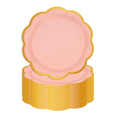 Imagem de EVYIENEN 50 peças de pratos de papel recortados rosa claro, 23 cm de folha dourada descartáveis, pratos de festa para bolo, sobremesa, aniversário, casamento, chá de bebê, decorações de festa