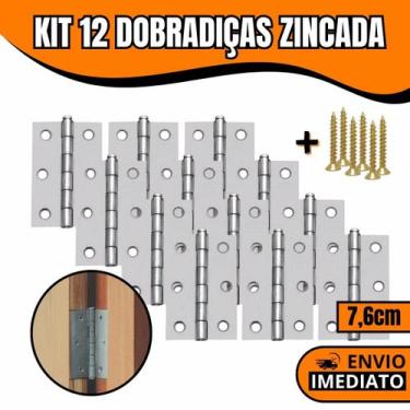 Imagem de Kit 12 Dobradiças Zincada Para Porta De Madeira 7,6cm - Orion
