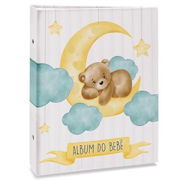 Imagem de Álbum de fotos Ical, encadernação tradicional, para 40 fotos 15x21cm - envelope plástico transparente - linha Bebê - modelo azul - urso lua - 69