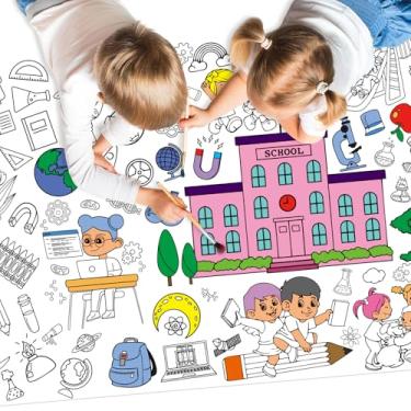 Imagem de Meetcolor Pôster de colorir com tema escolar grande, toalha de mesa gigante de volta às aulas para crianças, 183 x 76 cm, papel de desenho para atividades em sala de aula, itens essenciais