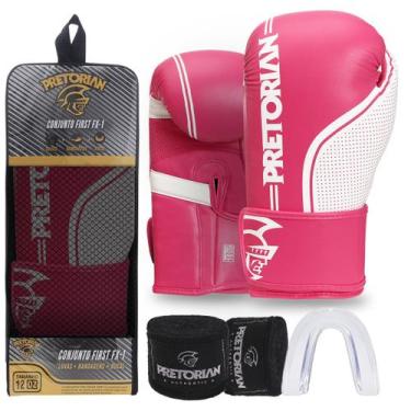 Imagem de Kit Luva de Boxe e Muay Thai First FX1 Pretorian, Rosa, Branco, 14 Oz