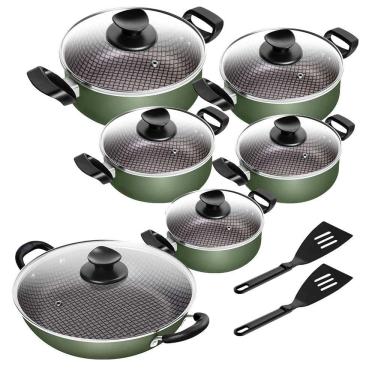 Imagem de Conjunto De Panelas Antiaderente Spesso Caçarola + Frigideira Wok N° 28 2 Alças Verde 6 Peças Patolux