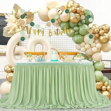 Imagem de Saias de mesa rosa, retangulares, redondas, de poliéster, toalhas de mesa com babados para festa de aniversário, casamento, chá de panela, decoração, verde claro, A78 x C275 cm x 1 peça