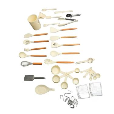 Imagem de Luocute Utensílios de Cozinha de Silicone Conjunto, Utensílio de Cozinha Conjunto de Calor Aceite a Alça de Madeira Silicone Kitchenware Com Balde de Armazenamento para Cozinhar Brancos
