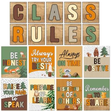 Imagem de Janlaugh Conjunto de pôsteres de regras de classe 18 peças 30 x 25 cm de volta às aulas pôsteres motivacionais para decoração de parede de sala de aula pré-escolar (animais da floresta)