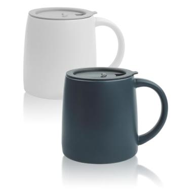 Imagem de LINVIA Caneca clássica, caneca de café grande de 400 ml com alça, xícara de chá de porcelana de cerâmica, fosco liso (tampa, conjunto de 2, branco e azul marinho)