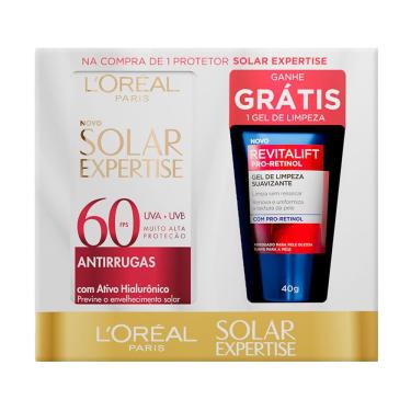 Imagem de Protetor Solar L`Oréal Paris Solar Expertise Antirrugas FPS 60 40g e Ganhe Revitalift Pro-Retinol Gel de Limpeza Suavizante 40g