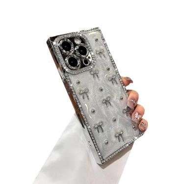 Imagem de Sunswim Compatível com iPhone 14 Capa fofa fita 3D laço meninas mulheres glitter brilhante diamante retangular chapeamento anti-arranhões à prova de choque capa protetora para celular para iPhone 14