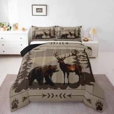 Imagem de jejeloiu Conjunto de edredom Queen com urso, veado, rústica, cabana rústica, para crianças, meninos, meninas, fazenda, floresta, animal, alce, decoração de quarto, 3 peças com 2 fronhas