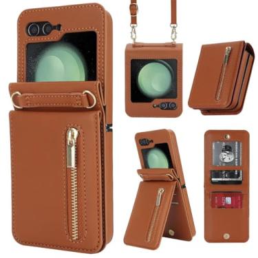 Imagem de Capa tipo carteira com zíper para cartões verticais, capa transversal para Samsung Galaxy Z Flip 6 5 4 Flip5, alça de ombro, cordão, capa de bolsa, marrom, para Samsung z flip 3