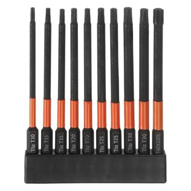 Imagem de HARFINGTON Conjunto de 6 peças de chaves de fenda Torx T10-T40 de 100 mm de comprimento, haste sextavada, magnética, sem furo, à prova de adulteração, estrela de 6 pontas, fosfato S2, aço com fita de