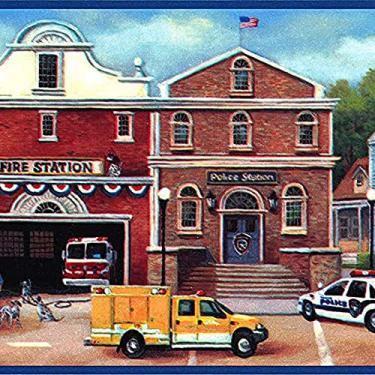 Imagem de CONCORD WALLCOVERINGS Papel de parede borda padrão infantil carro cidade polícia bombeiros árvores para quarto de meninos, azul creme vermelho marrom branco, 20 cm por 4,5 m GU92021B