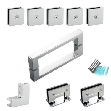 Imagem de MCOCOD Kit de ferragens para porta de chuveiro para instalação de chuveiro de canto sem moldura, inclui dobradiças, alças quadradas, braçadeiras em U e conector, para vidro de 1,5 a 1,9 cm, banheira