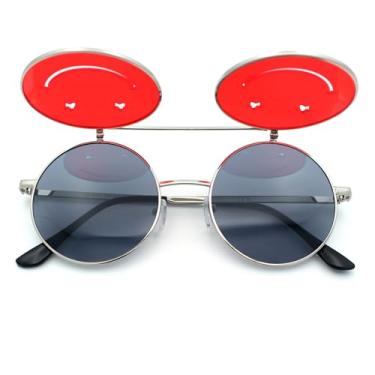 Imagem de Óculos de sol hippie retrô com lente circular redonda dobrável dupla face sorridente prata - preto e vermelho
