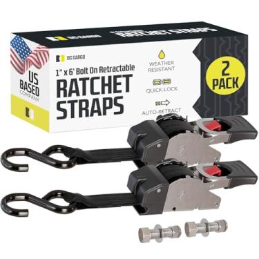 Imagem de 2 tiras de amarração marítima Quick n Easy autoretract | Tiras de carga de aço inoxidável retráteis de 2,5 cm x 1,8 m com gancho em S para barcos, docas, trailers