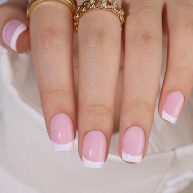 Imagem de RTKHFZE Pregos curtos de pressão - unhas quadradas com ponta francesa, unhas postiças de gel macio, cola nas unhas para mulheres, ajuste natural reutilizável em 16 tamanhos - Kit de 32 unhas falsas