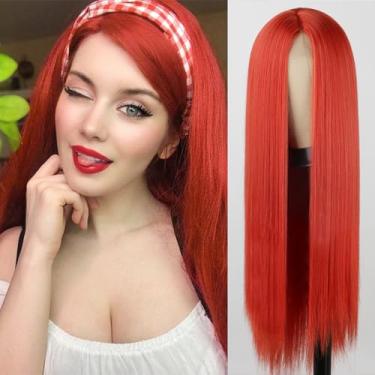 Imagem de Xinran Peruca longa vermelha para mulheres, longa e lisa, cabelo vermelho, parte do meio, peruca sintética completa para festa de Halloween, fantasia, cosplay, uso de 76 cm