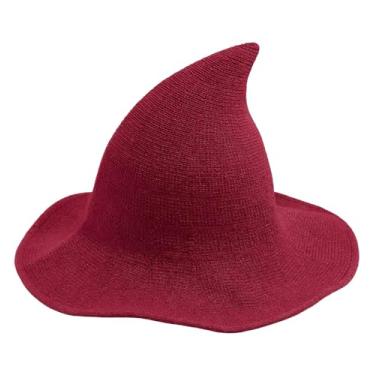 Imagem de Chapéu de bruxa para mulheres, chapéu de bruxo de lã de malha de Halloween, boné de bruxa pontiagudo de aba larga para festa cosplay fantasia, vermelho