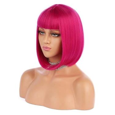 Imagem de XiXiYang Short Bob Wig for Women，Party Wigs Wig Cap Stunning Pink Wig for Black Women with Blonde Highlights - Synthetic Straight Wig for Daily Halloween(red)