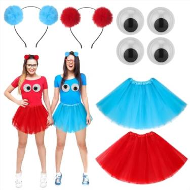 Imagem de Jecery Conjunto de 2 acessórios para fantasia de monstro azul e vermelho do Dia das Bruxas, saias de tutu, adesivos para olhos e tiaras