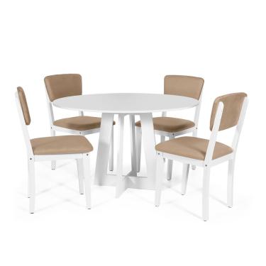 Imagem de Mesa De Jantar Redonda Montreal Branca Com 4 Cadeiras Estofadas Ella Branco/marrom Claro