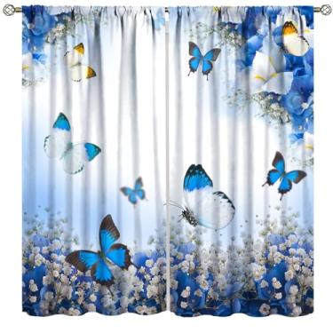 Imagem de Cortinas de borboleta azul, tratamentos de janela floral azul e branco fantasia para sala de estar, decoração de quarto de meninas, conjunto de 2 painéis, tamanho total 106 x 113 cm