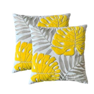 Imagem de TAOSON Pacote com 2, capas de almofada bordadas com estampa de folhas cinza amarelo tropical, capas de almofada de lona de algodão, decoração de casa de fazenda de primavera, presente de dia dos