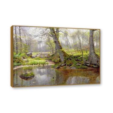 Imagem de Moldura externa de teca. Famosas pinturas a óleo, (Lago da floresta) por Peder Mork Monsted, reprodução impressa em tela, arte de cenário para decoração de sala de estar. 50 x 70 cm - 19,6 x 27,5 pol
