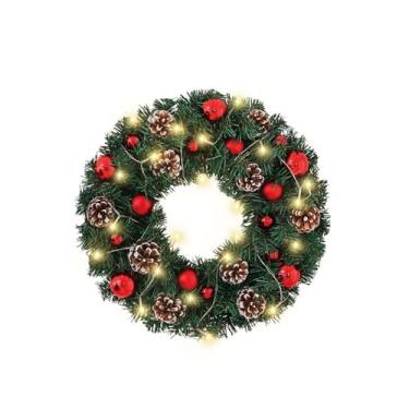 Imagem de Guirlanda de Natal Decorativa, 30 cm, 20 LEDs Brancos Quentes, com Pinhas e Bolas Vermelhas, 3 Metros de Fio (Vermelho)