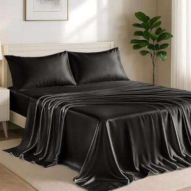 Imagem de Conjunto de lençóis de cetim solteiro Lux Decor de 3 peças – Tecido luxuoso sedoso macio 100% poliéster, lençol com elástico alto – Roupa de cama macia e respirável com fronha (preto)