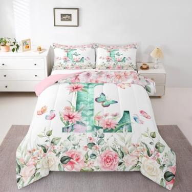Imagem de Erosebridal Conjunto de cama solteiro com letra G e letra G para crianças, meninos, meninas, verde e aquarela, conjunto de edredom com estampa de letra G, flores rosa e plantas de jardim