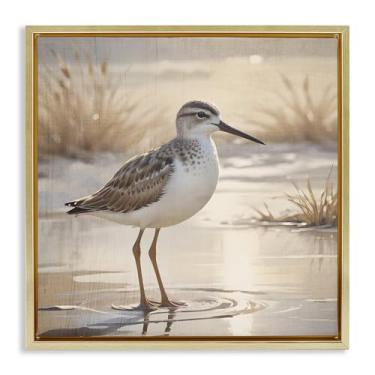 Imagem de Stupell Industries Arte de parede em tela flutuante dourada Sunlit Sandpiper in Shallow Waters, design de Susan Arnot, 63 x 63 cm
