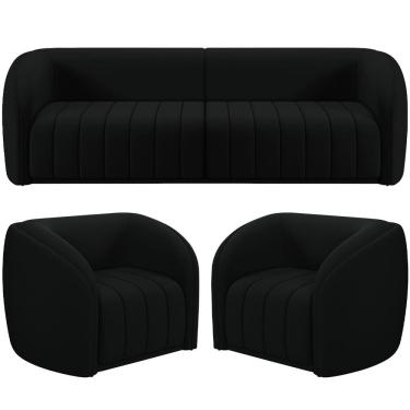 Imagem de Kit Sofá 5 Lugares Para Sala 332cm com 02 Poltronas Lazio M03 Veludo Preto - Lyam Decor