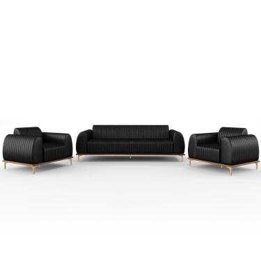 Imagem de Kit Sofá 3 Lugares 210cm Com 2 Poltronas Molino Pés D`ouro D02 Couríssimo Preto B-159 - Lyam Decor