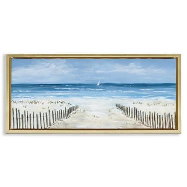 Imagem de Stupell Industries Arte de parede em tela flutuante com moldura dourada de veleiro e cerca de praia, design de Georgie Harrison, 35,5 x 78,5 cm