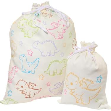 Imagem de CREATCABIN Bolsa de presente de tecido com cordão de dinossauro, 2 tamanhos, 50,8 cm, grande, 30,5 cm, estampa de desenho animado, poliéster, reutilizável, saco de embrulho, bolsa de presente para
