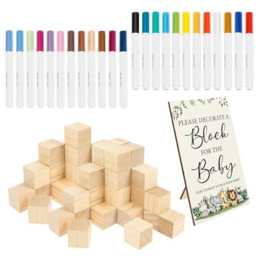 Imagem de 75 peças, kit de placas engraçadas para jogos de chá de bebê, inclui 1 placa de madeira, 50 blocos pequenos de madeira e 24 canetas de tinta acrílica para jogos de chá de bebê, meninos e meninas