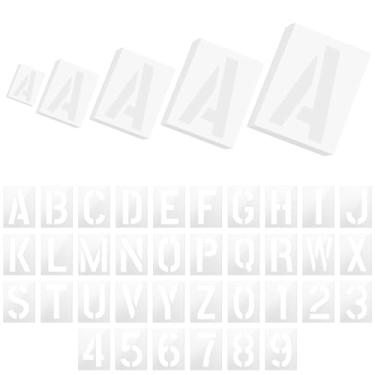 Imagem de Worldity 180 peças de estênceis de letras e números, 5 modelos de alfabeto de plástico reutilizáveis de 3,5 cm, estênceis de letras para pintura em madeira, parede, tecido, vidro, quadro-negro, placa