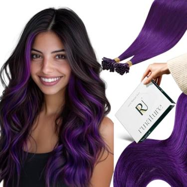 Imagem de RUNATURE Extensões de cabelo com ponta de unha, cabelo humano pré-ligado, extensões de cabelo roxo, 25 g, extensões de cabelo com ponta de queratina