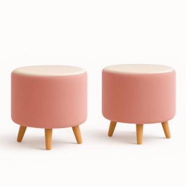 Imagem de kIT 2 Puff Banquetas Redondo Banco Pufe Assento Macio em Courino Tecido Boucle Decorativo para Sala Escritório Apartamento Quarto Infantil Manu com Pés em Madeira (Rose/Offwhite)