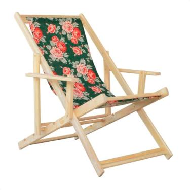 Imagem de Espreguiçadeira Reclinável Com Braço em Madeira Maciça Natural – Para Jardim, Varanda e Área Externa, Tecido Removível (Verde Floral)