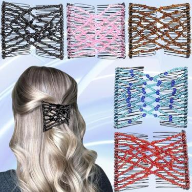Imagem de 5 peças de pente elástico mágico de cabelo com pente duplo elástico para garfos de cabelo para mulheres meninas vintage penteado acessórios de cabelo multiuso (preto, café, rosa, vermelho, azul)