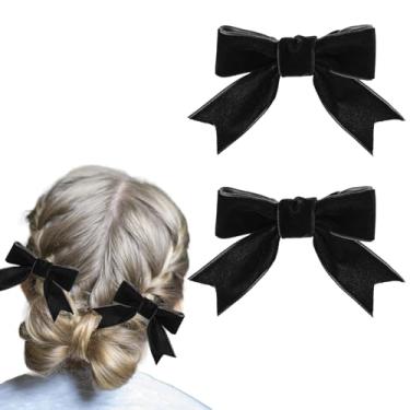 Imagem de 2 presilhas de cabelo de veludo, prendedor de cabelo com laço de 8 cm, laços de jacaré, nó de jacaré, grampos de cabelo feitos à mão, acessórios de cabelo vintage para presentes femininos (preto)